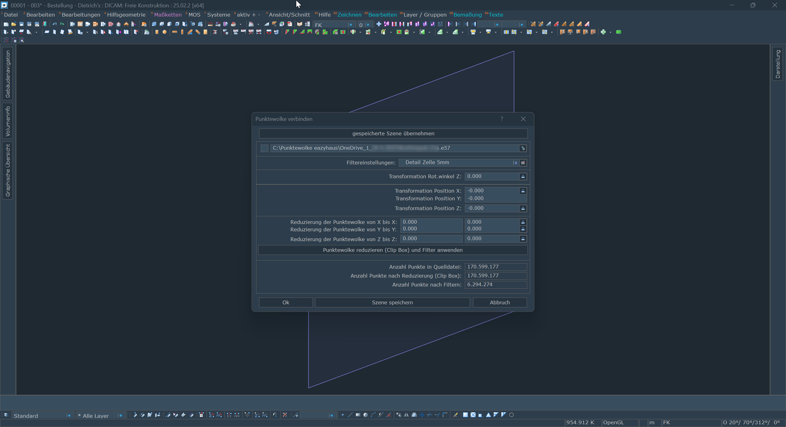 Screenshot des geöffneten Dietrich's DICAM-Moduls mit aktivierter Punktewolke. Zu sehen sind die Einstellmöglichkeiten für Punktgröße, Farbdarstellung und Transparenz, mit denen die Darstellung der Punktewolke individuell angepasst werden kann.