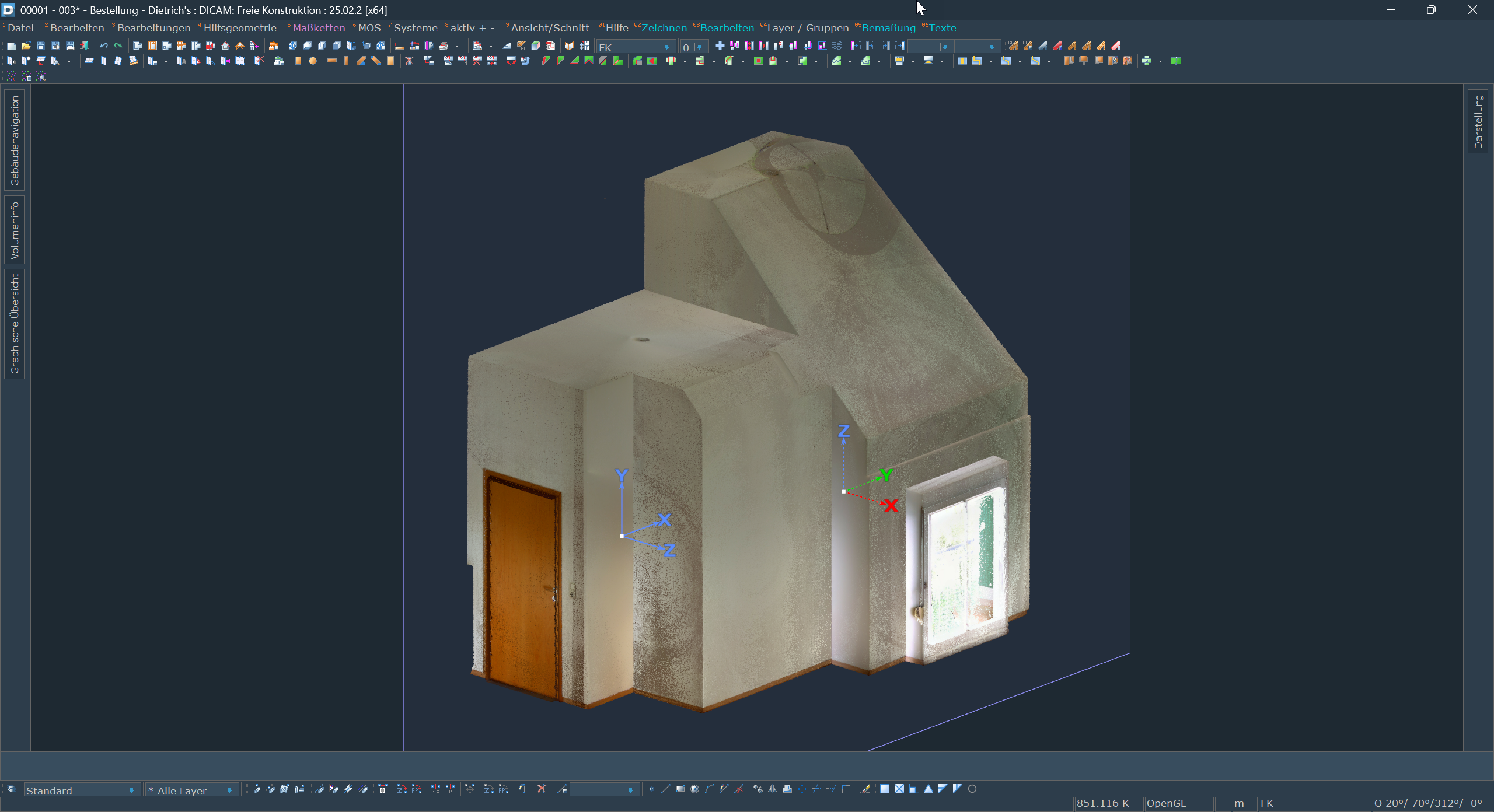 Screenshot aus dem Dietrich's DICAM-Modul mit der vollständig verbundenen Punktewolke. Der gesamte Raum ist digital erfasst und übersichtlich dargestellt, inklusive Dachschrägen und Wandverläufen. Diese Ansicht dient als präzise Grundlage für die weitere Planung der Zwischenebene und Treppe.