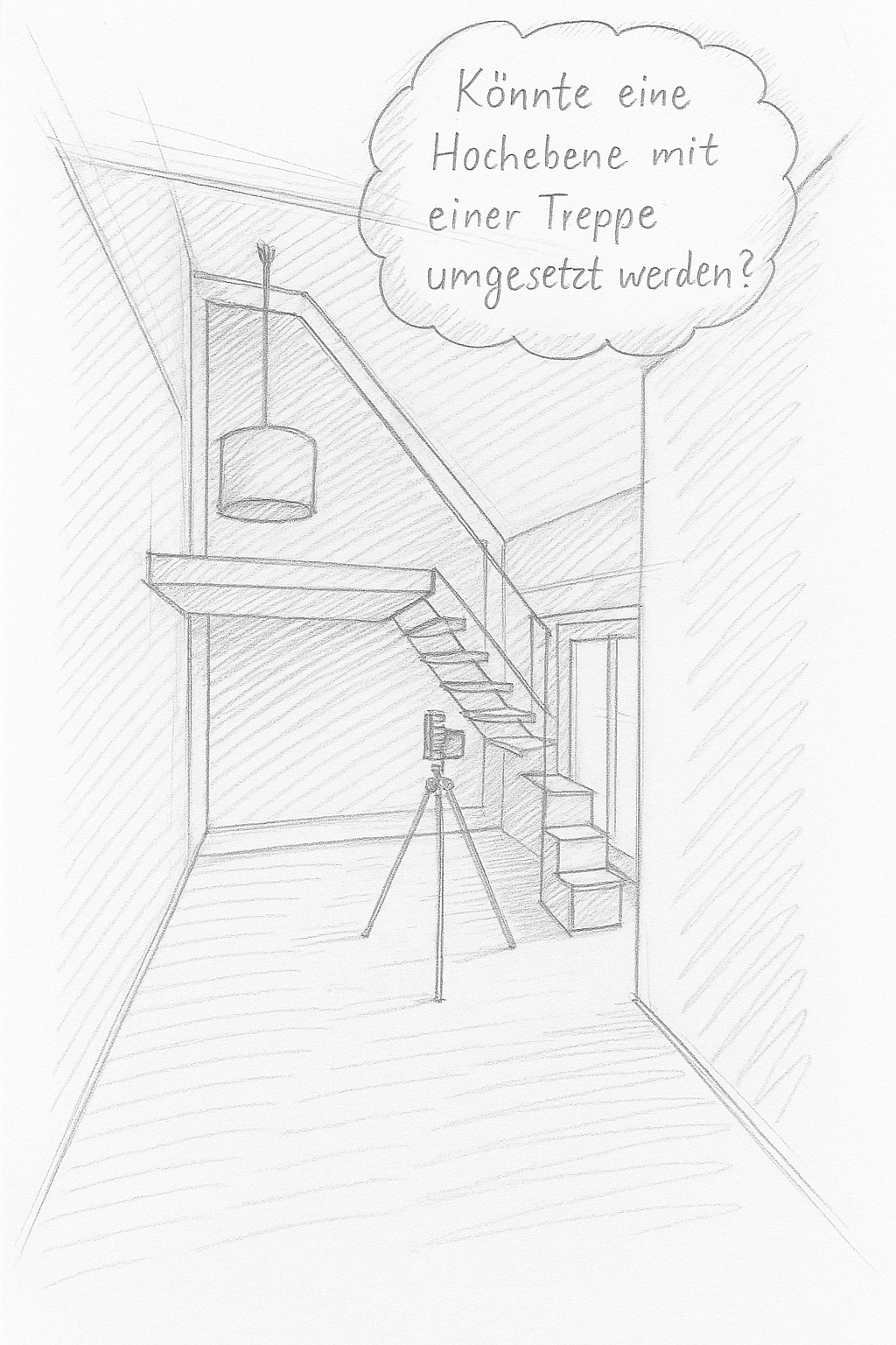 Darstellung eines Raumes mit hoher Decke, in dem geprüft wird, ob eine Zwischenebene mit Bett und Treppe realisierbar ist. Die Punktewolke zeigt die vorhandene Geometrie, die als Grundlage für die Planung dient.