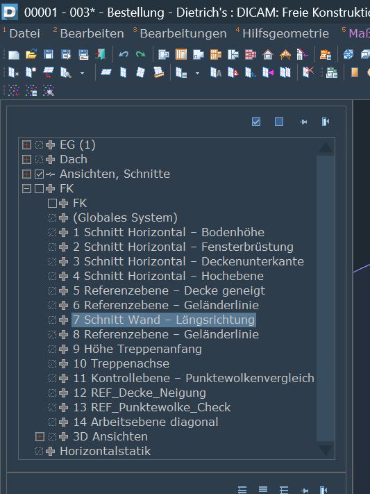 Das Bild zeigt mehrere Arbeitsbenen im DICAM-Modul, die jeweils individuell beschriftet wurden – z. B. „7 Schnitt Wand – Längsrichtung“, „Höhe Treppenanfang“ oder „1 Schnitt Horizontal – Bodenhöhe“. Diese klare Benennung sorgt für eine hervorragende Übersicht und erleichtert das Wiederfinden einzelner Ebenen während der Planung.