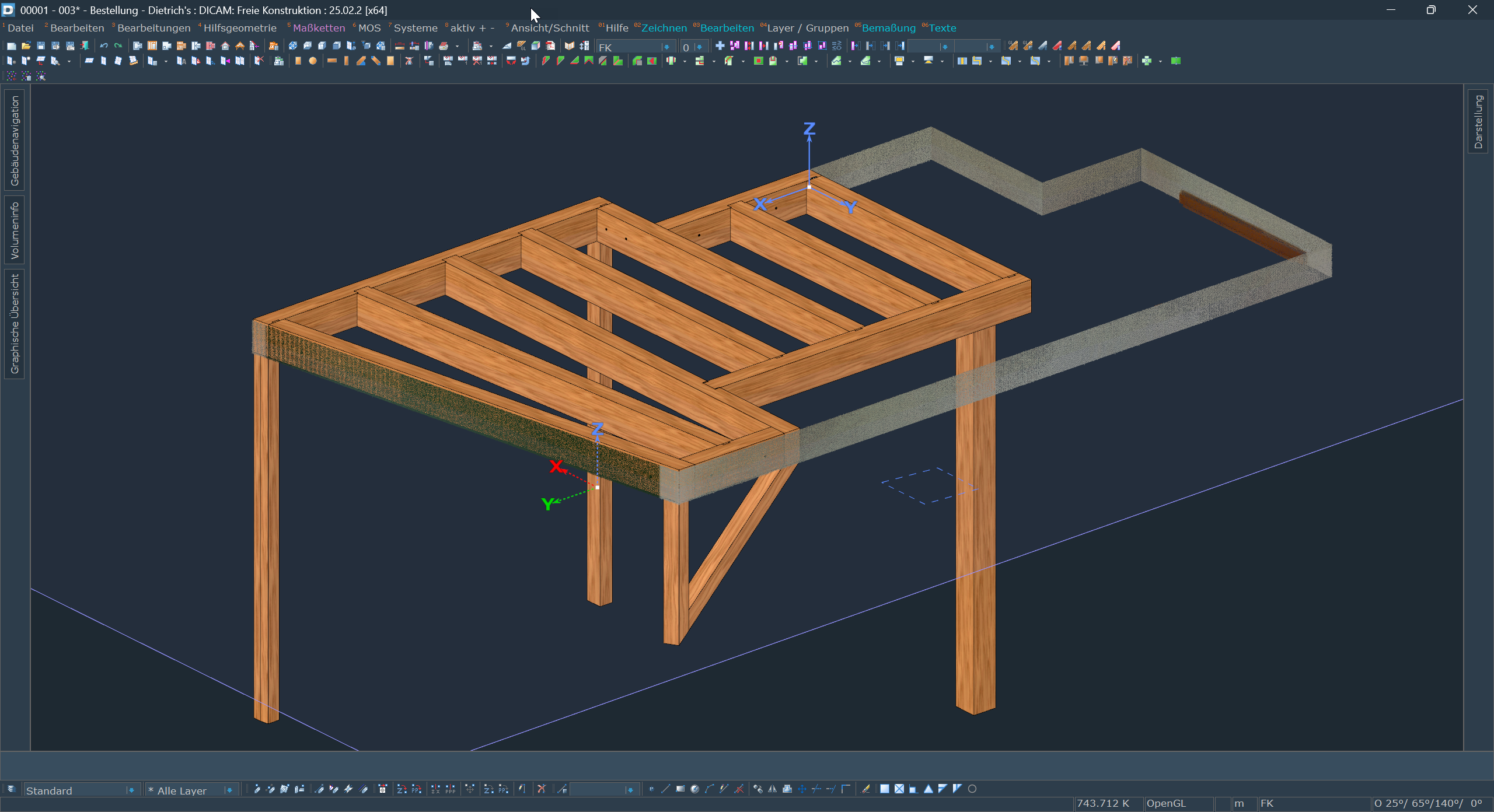 Screenshot aus dem Dietrich's DICAM-Modul mit sichtbar eingegebenen Stäben. Die Bauteile wurden exakt anhand der Punktewolke und Orthofotos platziert und spiegeln die geplante Konstruktion der Zwischenebene und Treppe wider.